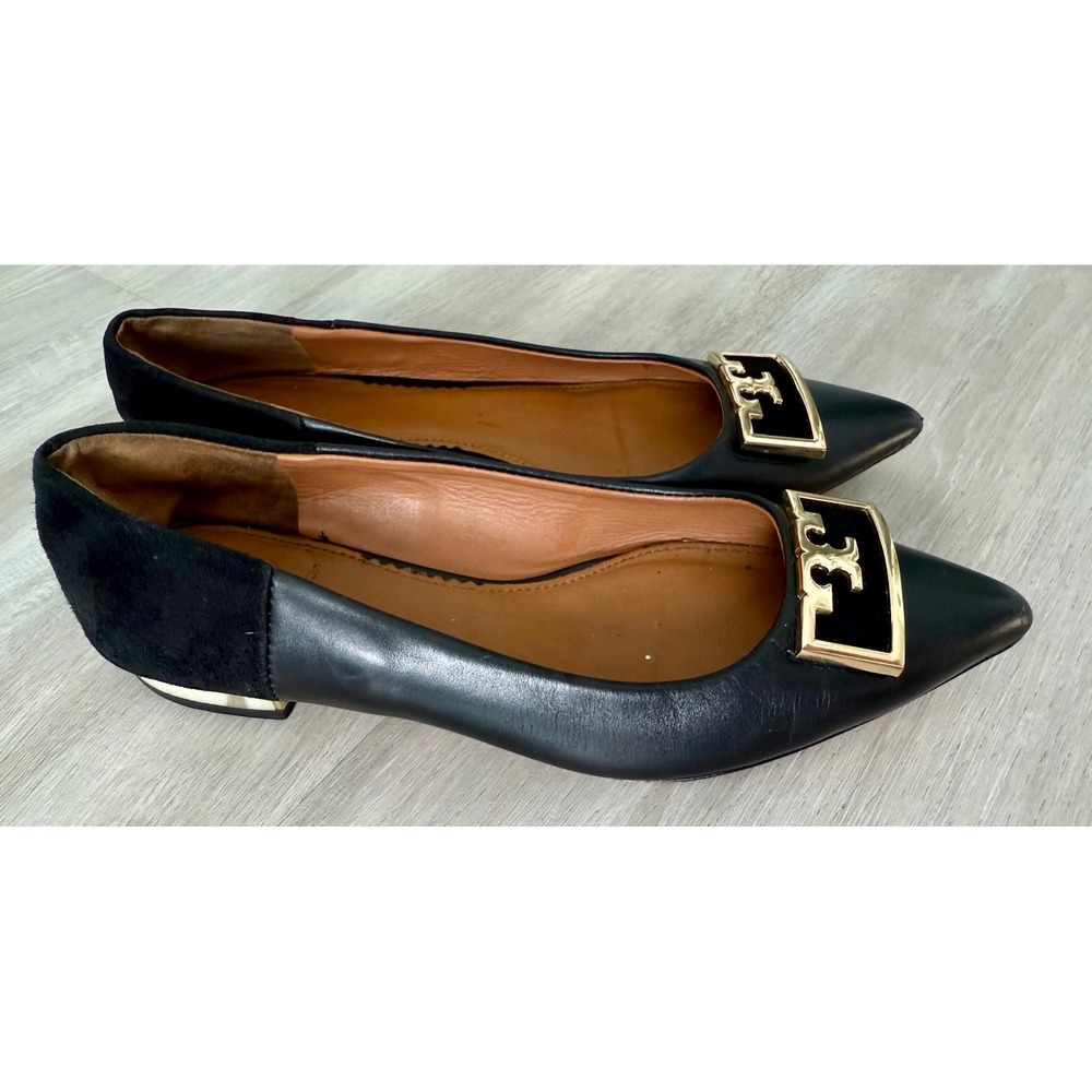 Tory Burch Pointed Toe‎ Flats Women 7M Black Good Leather Suede Logo Buckle